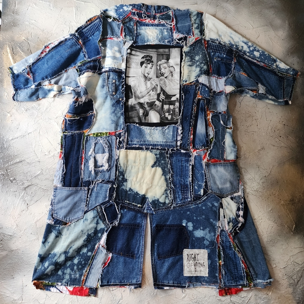 Bohemian Kimono Upcycled Vintage Denim Concept Tattoo Marilyn Monroe Patchwork
